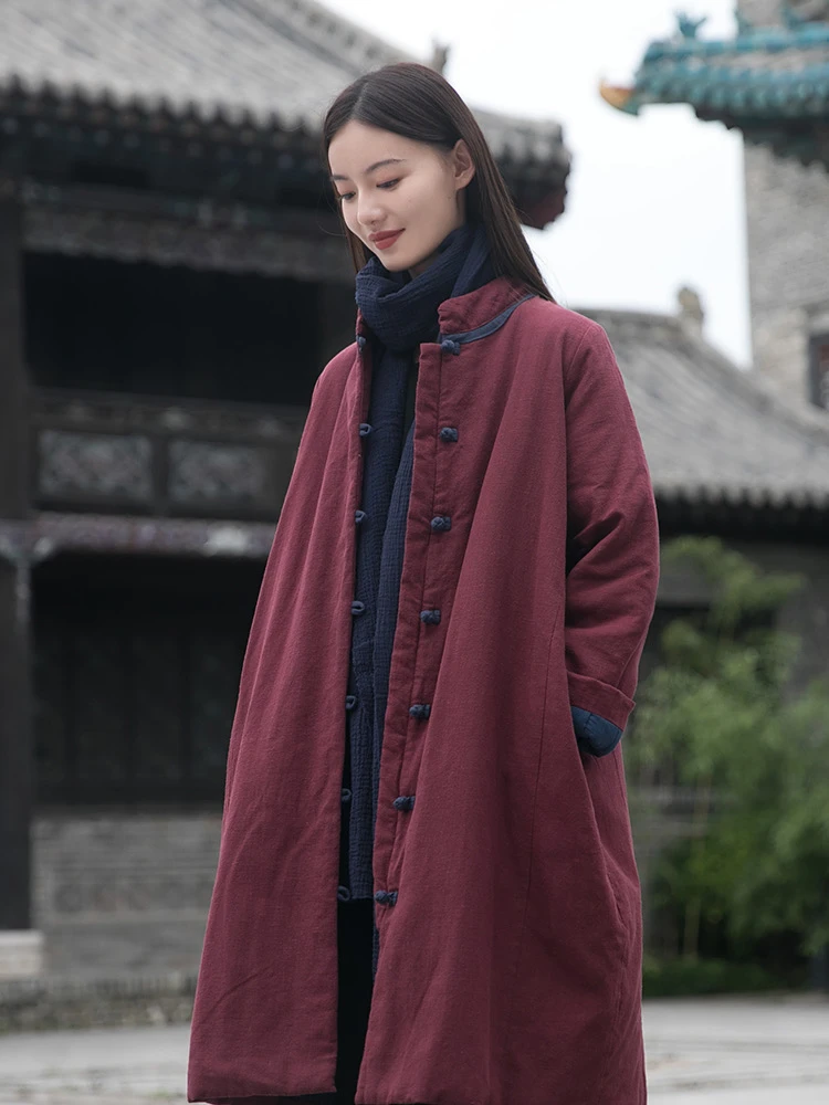 民族风盘扣复古文艺酒红色夹棉棉衣女2025冬季宽松加厚中长款棉袄