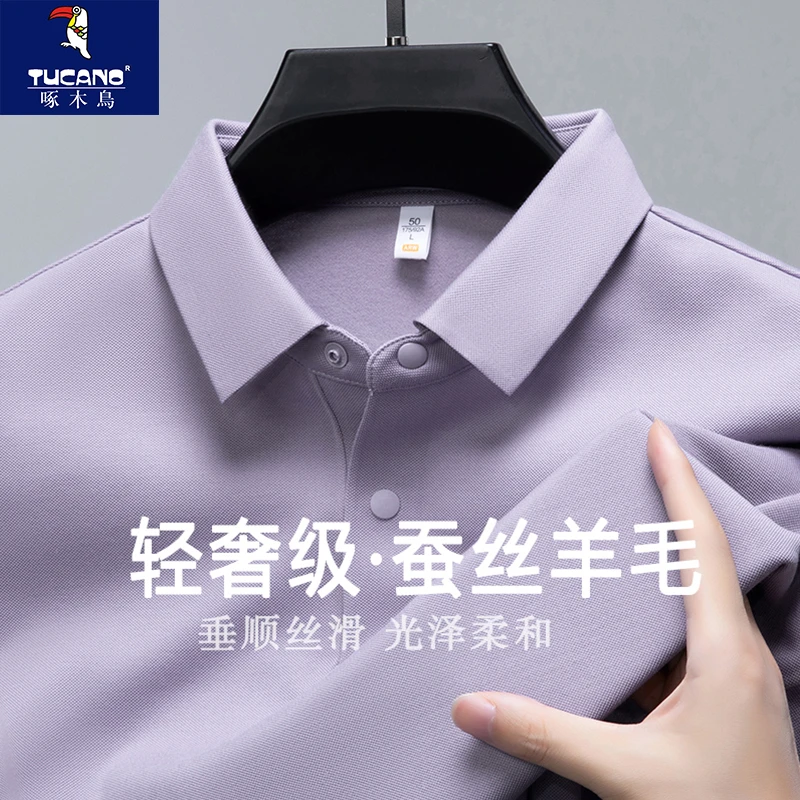 啄木鸟长袖T恤男士轻奢桑蚕丝商务翻领polo衫春秋季休闲百搭上衣