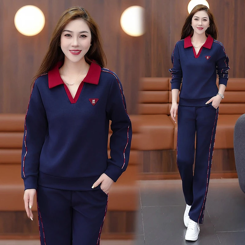 翻领运动休闲套装女2025年春秋季新款时尚洋气显瘦卫衣长裤两件套