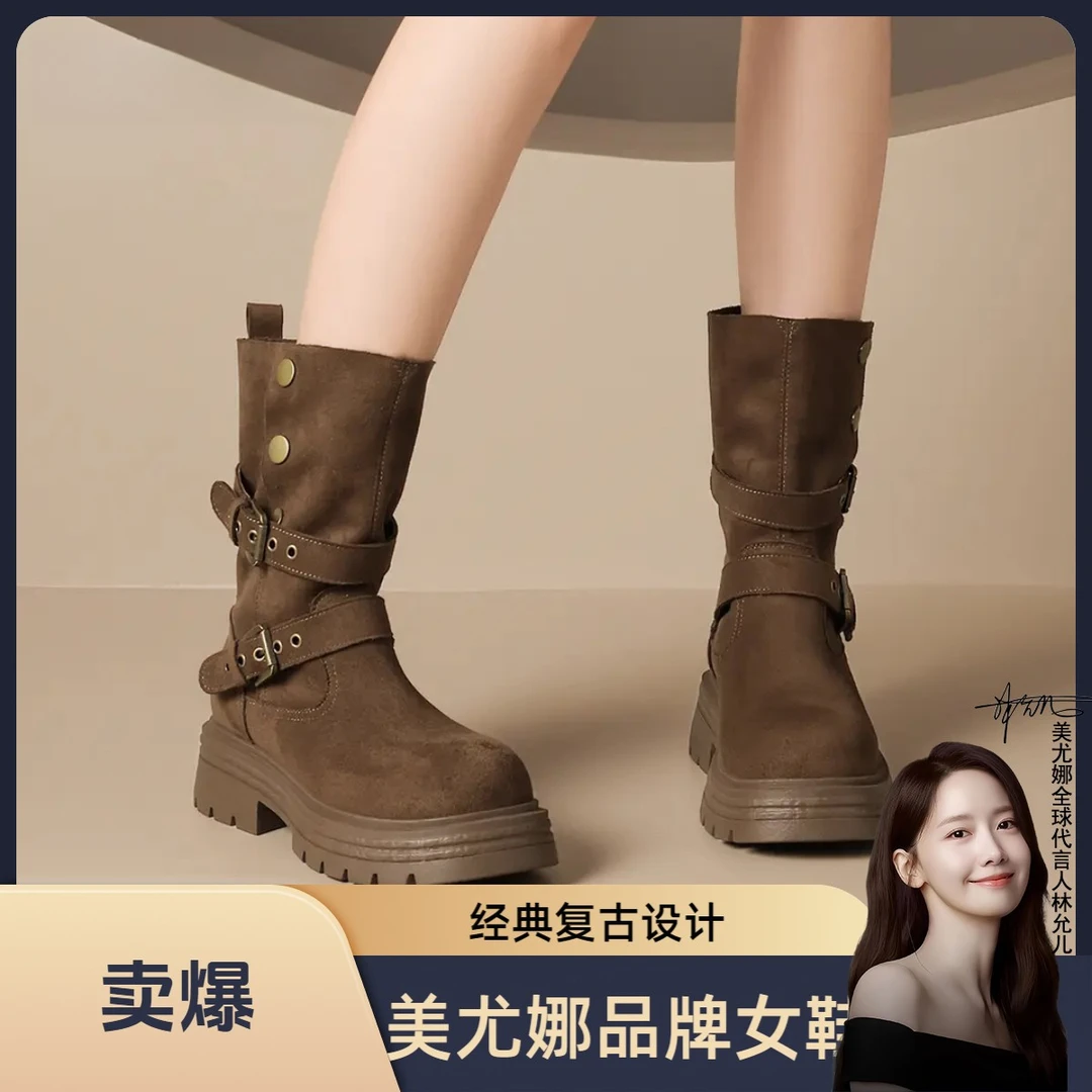 欧诺风新款欧美风复古港风圆头防滑粗跟时装靴春秋厚底沙丘废土风