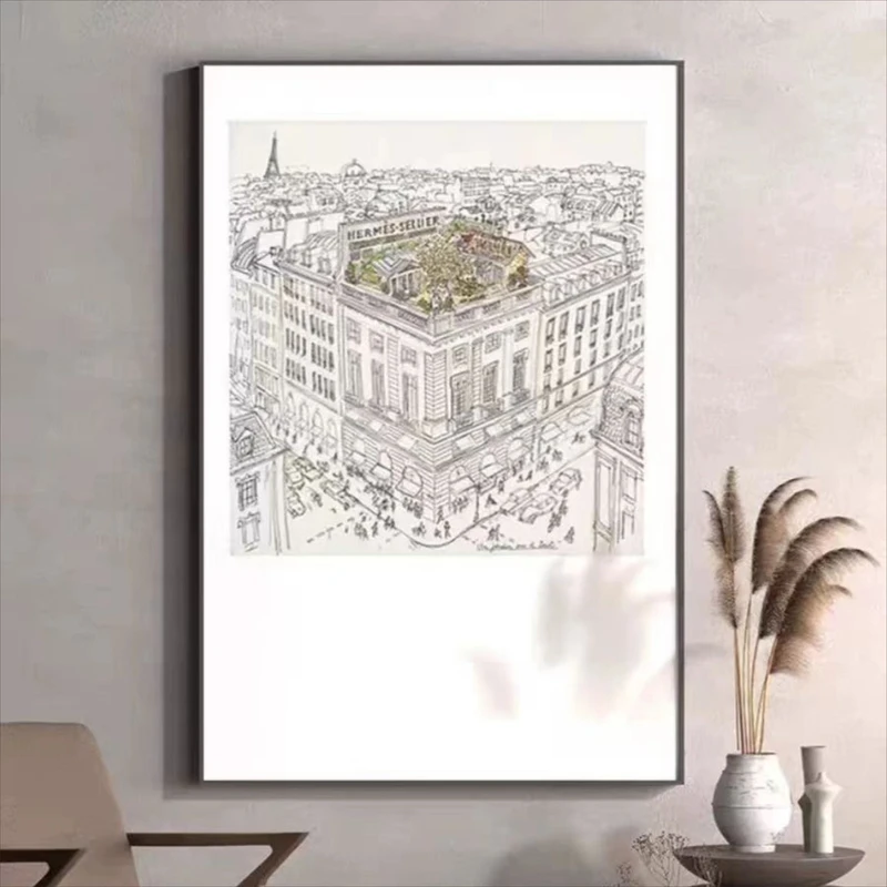 空中花园法式高级感沙发落地画简约客厅背景墙挂画玄关黑白