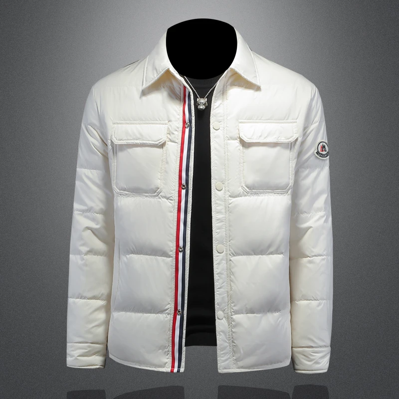 欧洲站衬衫领暗扣条纹羽绒服男潮牌休闲冬季新款男士轻奢羽绒外套