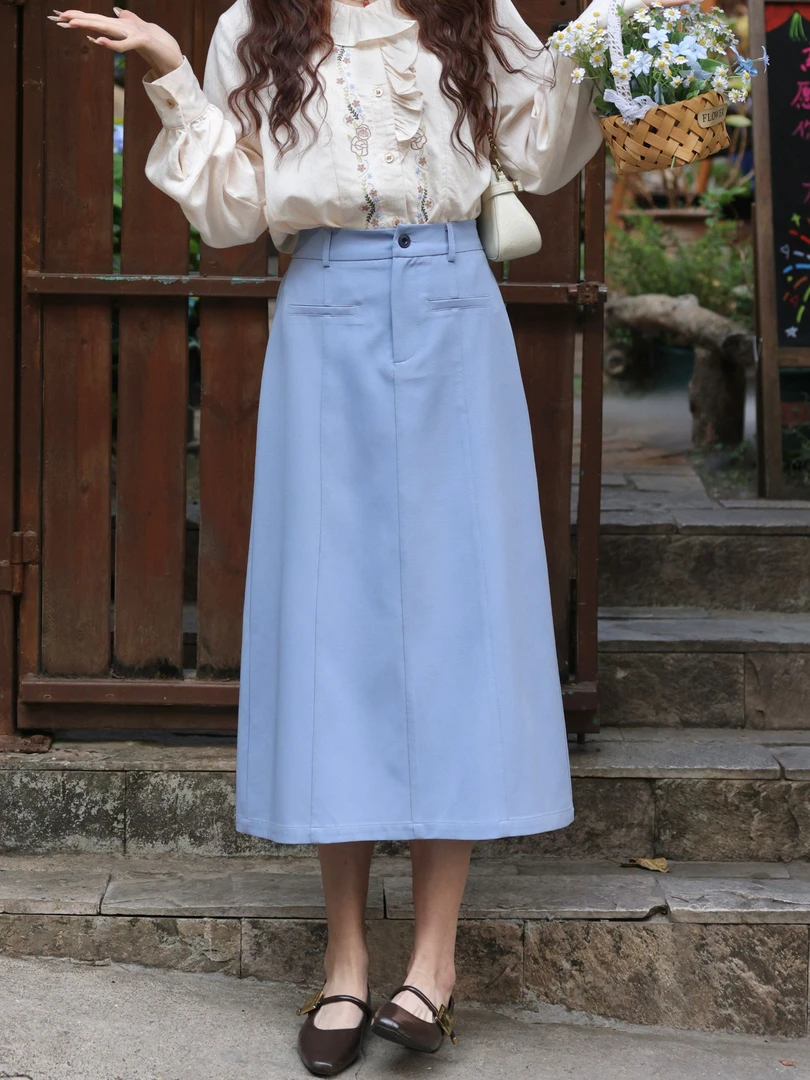 温敏er【云水蓝】港风高腰百搭复古半身裙MN1224006