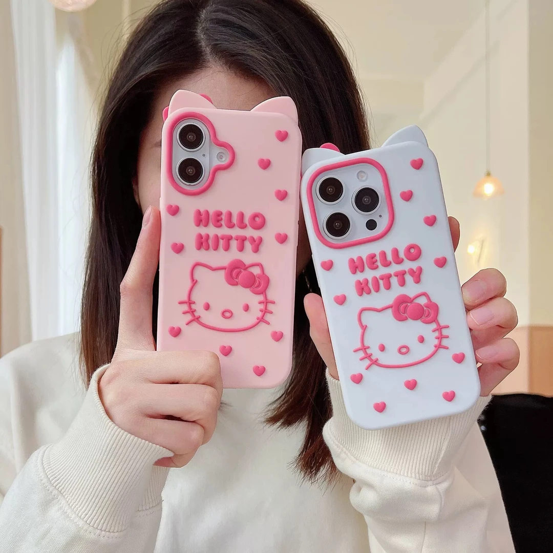 【适用苹果】女款爱心kitty猫可爱iPhone16卡通15立体14硅胶手机壳