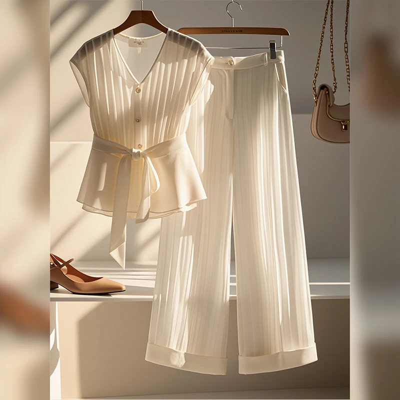 夏天搭配一整套干练气质女装高级感小香风白色雪纺上衣阔腿裤套