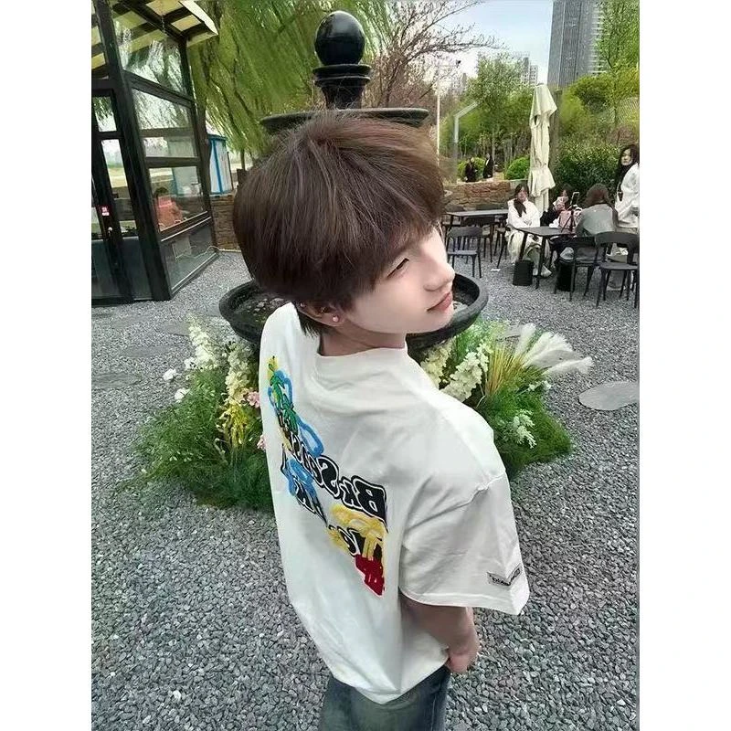 美式潮牌高街植绒胶印短袖T恤男夏季新款宽松百搭慵懒爆款上衣潮