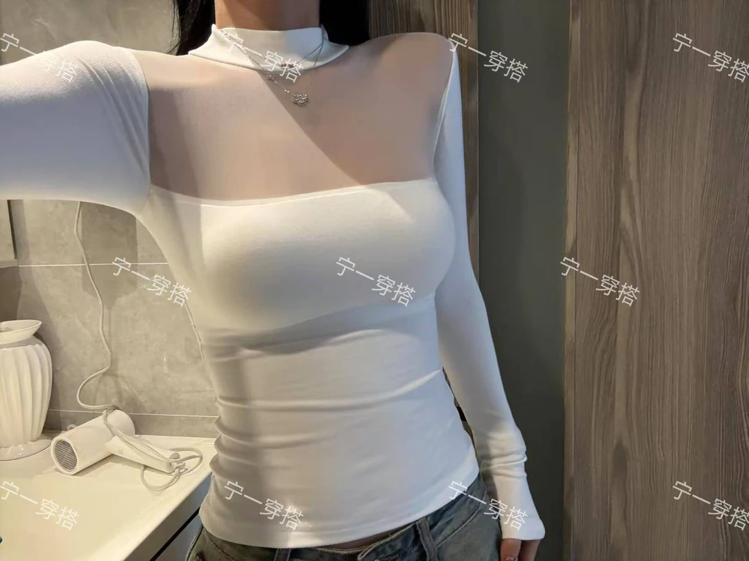 NY7013 网纱拼接半高领打底衫纯欲长袖T恤上衣宁一时尚带胸垫内搭