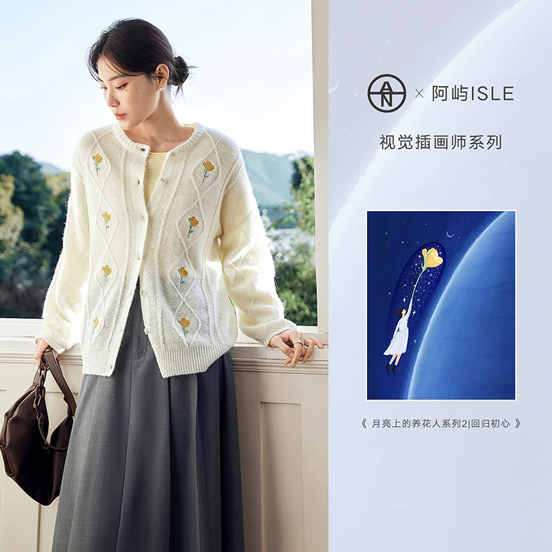 【AN】大码女装艺术画作联名花朵刺绣毛衣开衫春季胖mm针织衫外套