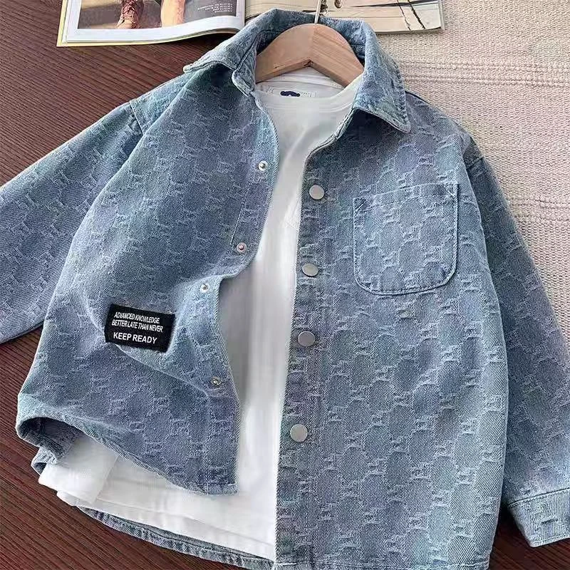 男童牛仔衬衫2025春秋新款提花儿童长袖休闲外套薄衬衣中大童衬衫