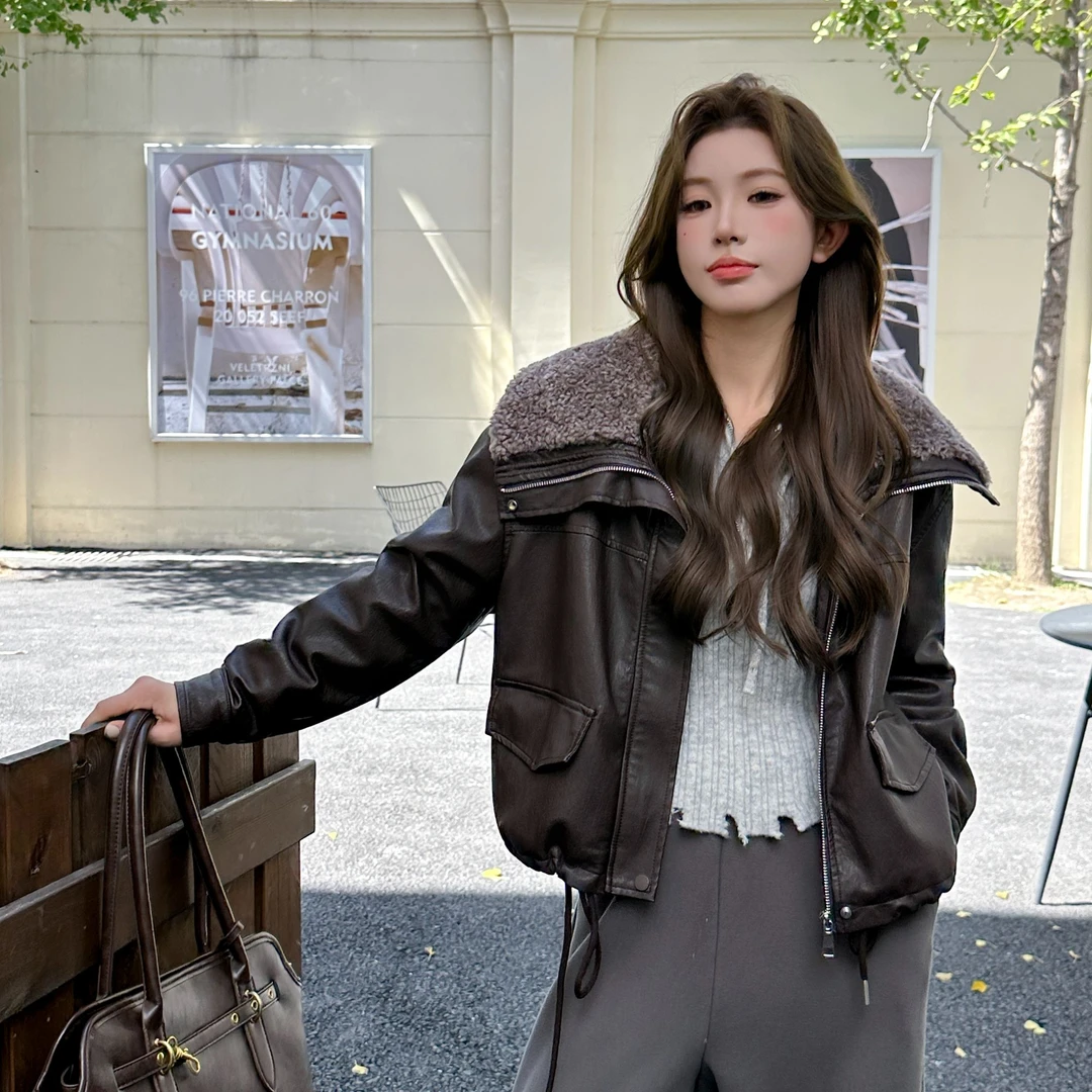 加绒皮衣外套女短款派克服2025秋冬款小个子加厚皮夹克机车服上衣
