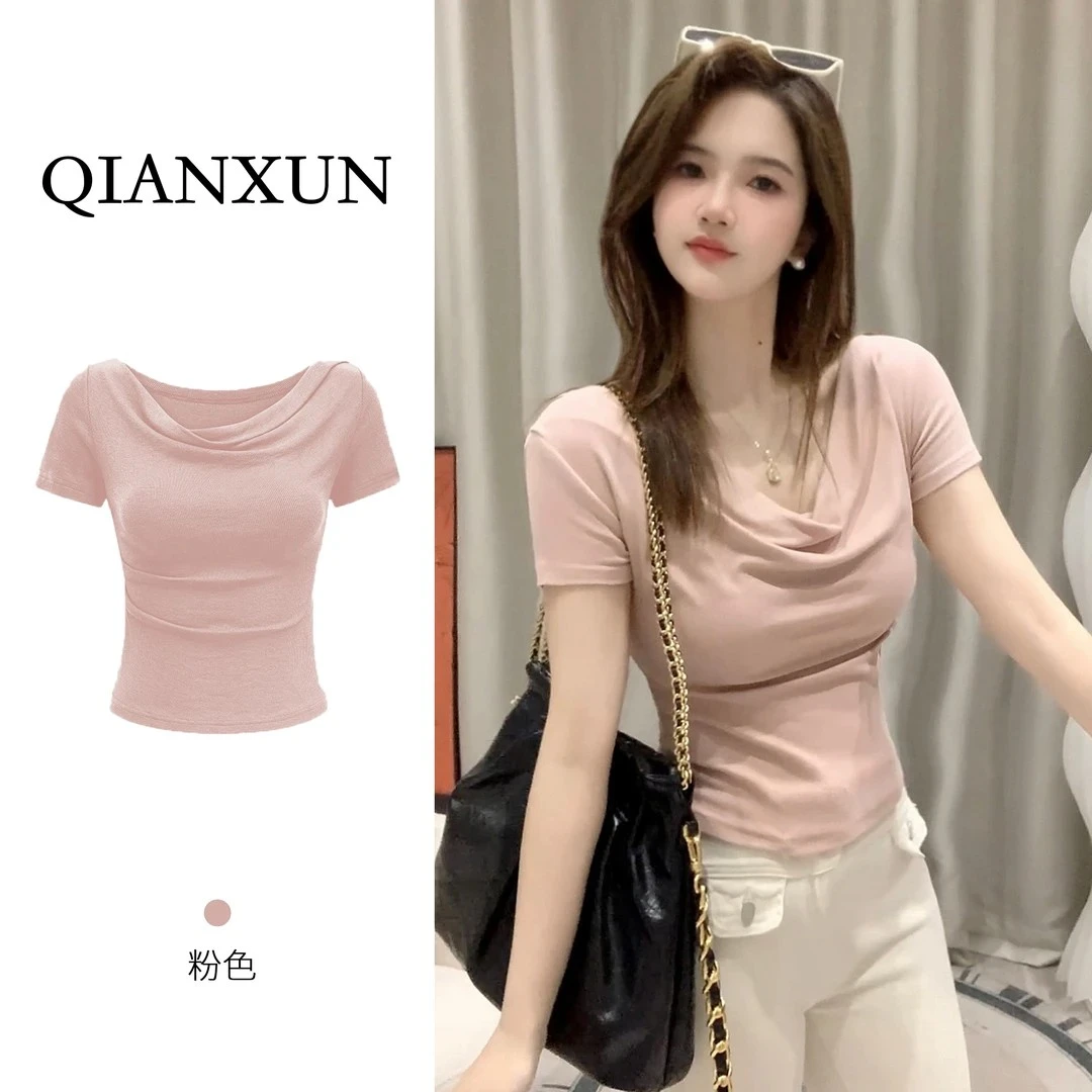 大码胖mm设计感欧若风小众荡领修身显瘦短袖T恤新款辣妹短款上衣