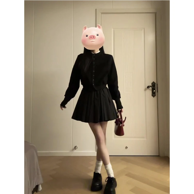 韩系小香风千金感黑色假两件立领黑色针织开衫女秋冬季半身裙套装