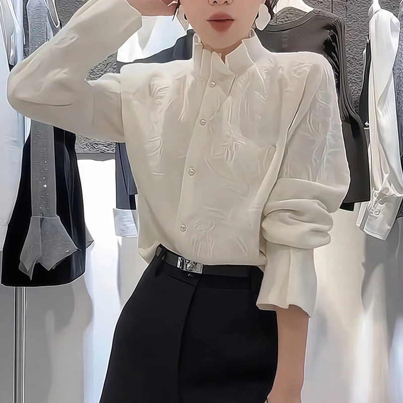 7107时尚设计感小众设计感秋冬新款白色衬衣百搭显瘦小众衬衫上衣