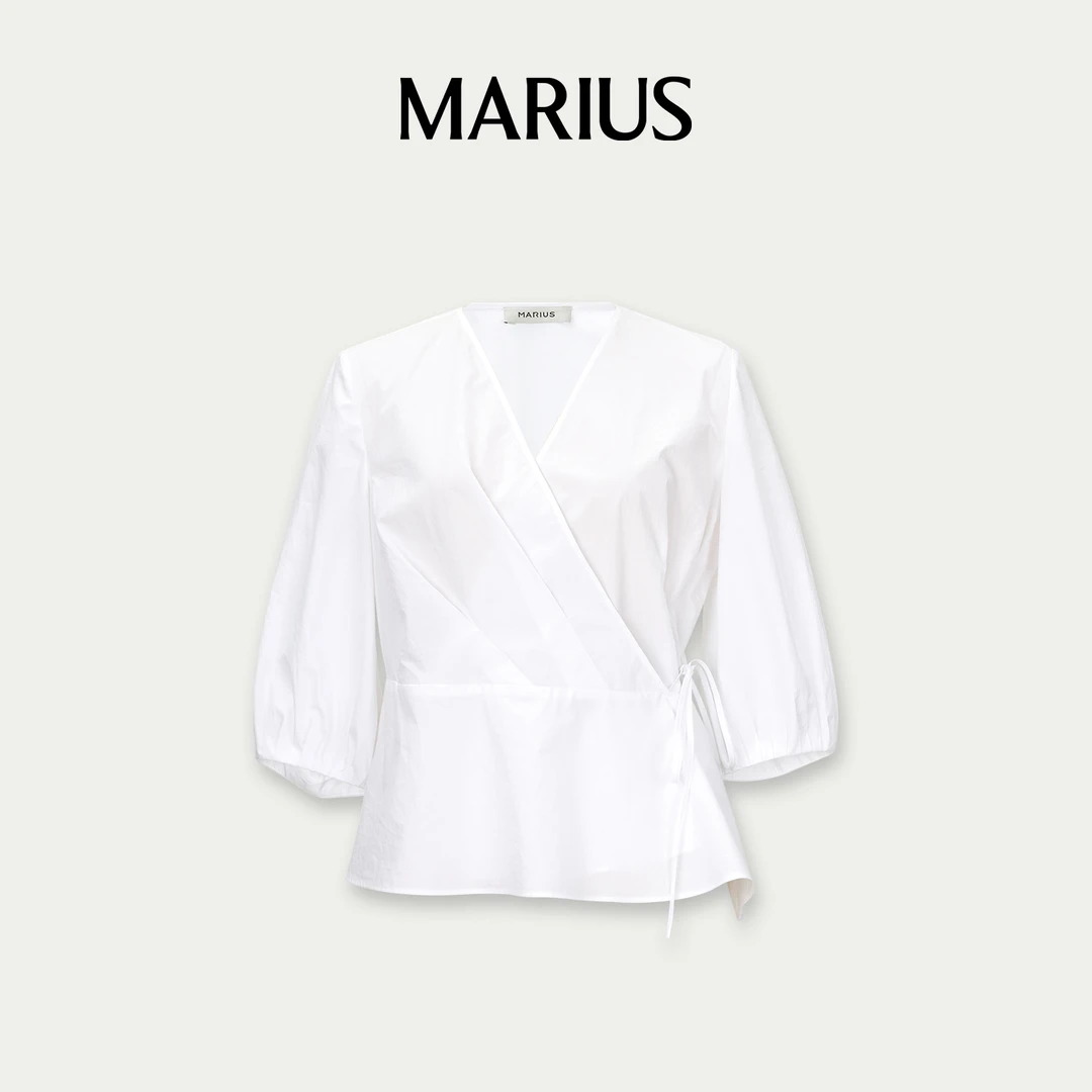 MARIUS"留白"极简风短款气质春季不规则抽绳泡泡袖收腰七分袖衬衫