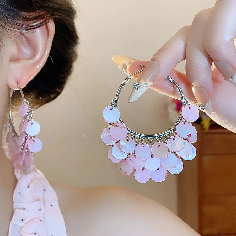 铜合金耳饰 粉色贝壳流苏耳环2025新款高级耳圈小众设计甜美耳饰