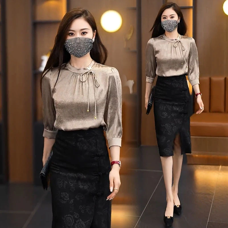 新款休闲风法式赫本设计感中袖衬衫半身裙两件套时尚套装裙女性气