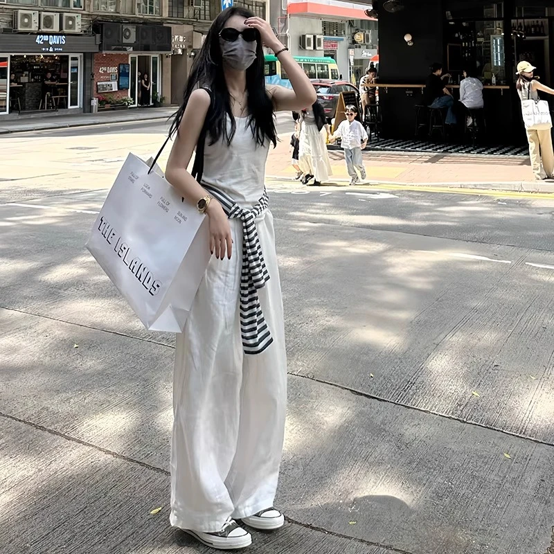 白色棉麻裤女夏季薄款高腰垂感宽松休闲慵懒老钱风冰丝亚麻阔腿裤