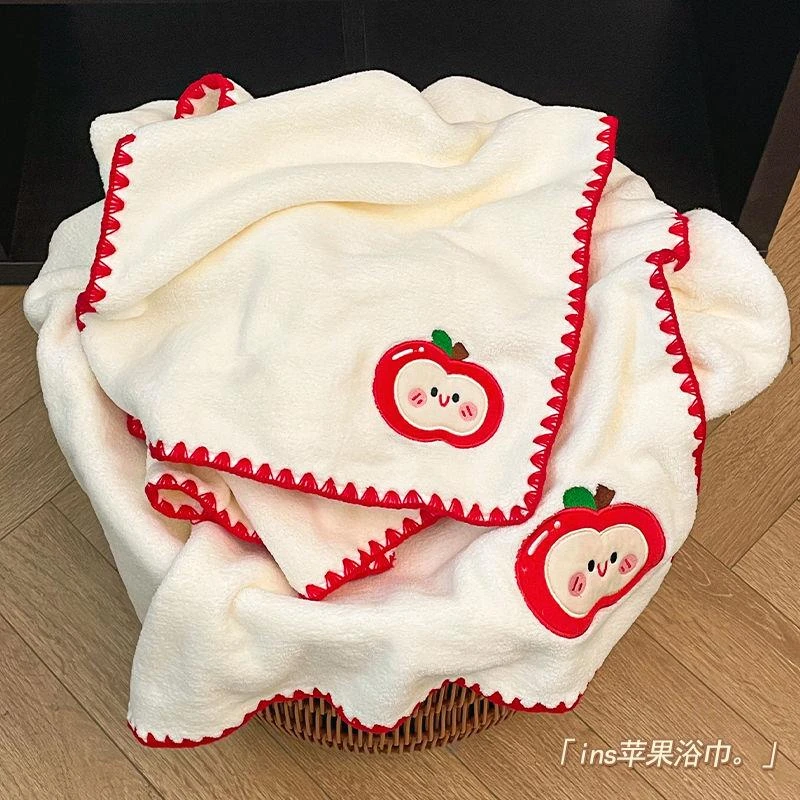 可爱苹果浴巾毛巾二件套家用宿舍吸水速干不掉毛珊瑚绒洗澡洗脸巾