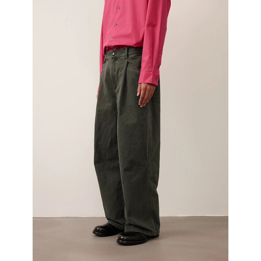 COMMON SCENTS重磅全棉水洗做旧斜纹单褶宽松直筒休闲长裤