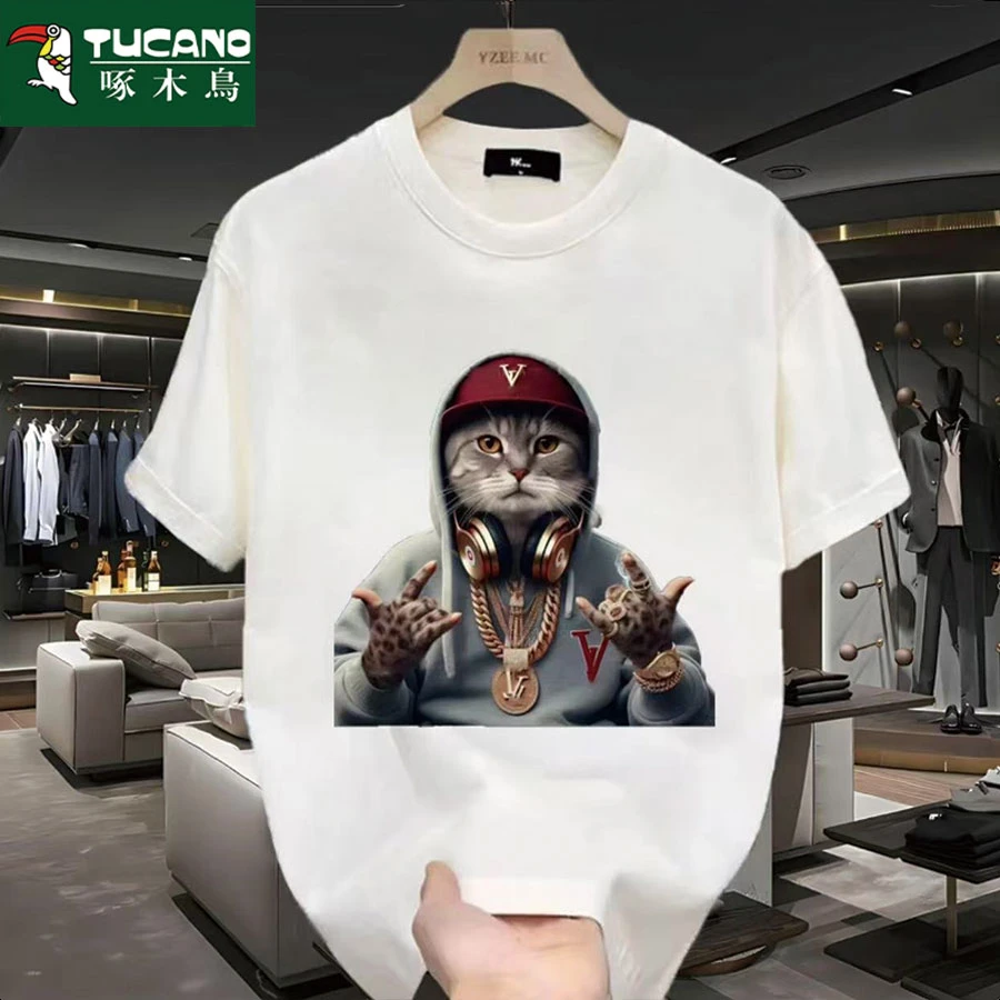 啄木鸟夏季圆领落肩袖短袖印花人物T恤时尚休闲潮流修身大码夏装