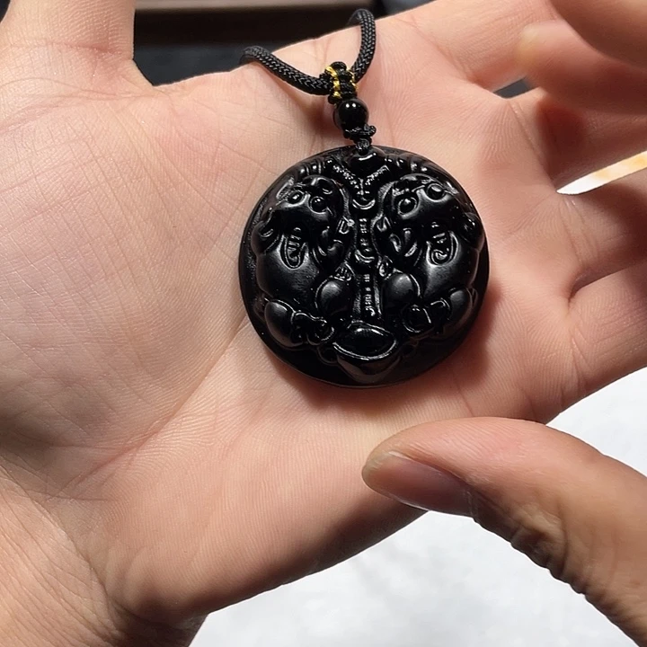 黑曜岩合金颈饰黑曜石圆牌双貔貅