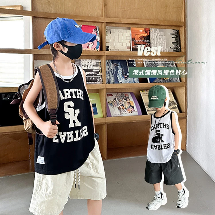 儿童韩版潮酷背心上衣男童字母背心个性时尚个性套装潮酷
