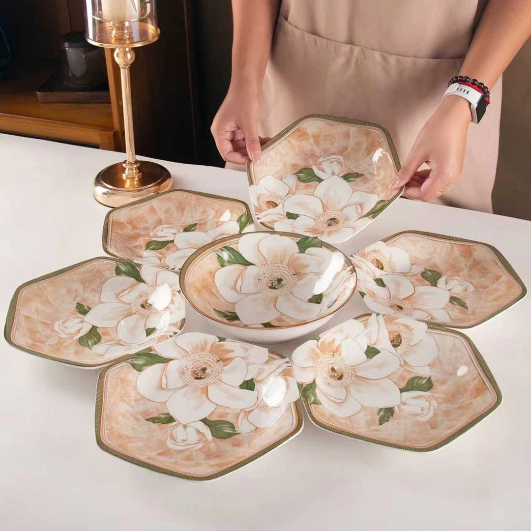 山茶花7件套家用碗盘餐具组合8.5英寸六角盘6只装+8英寸大汤碗1个