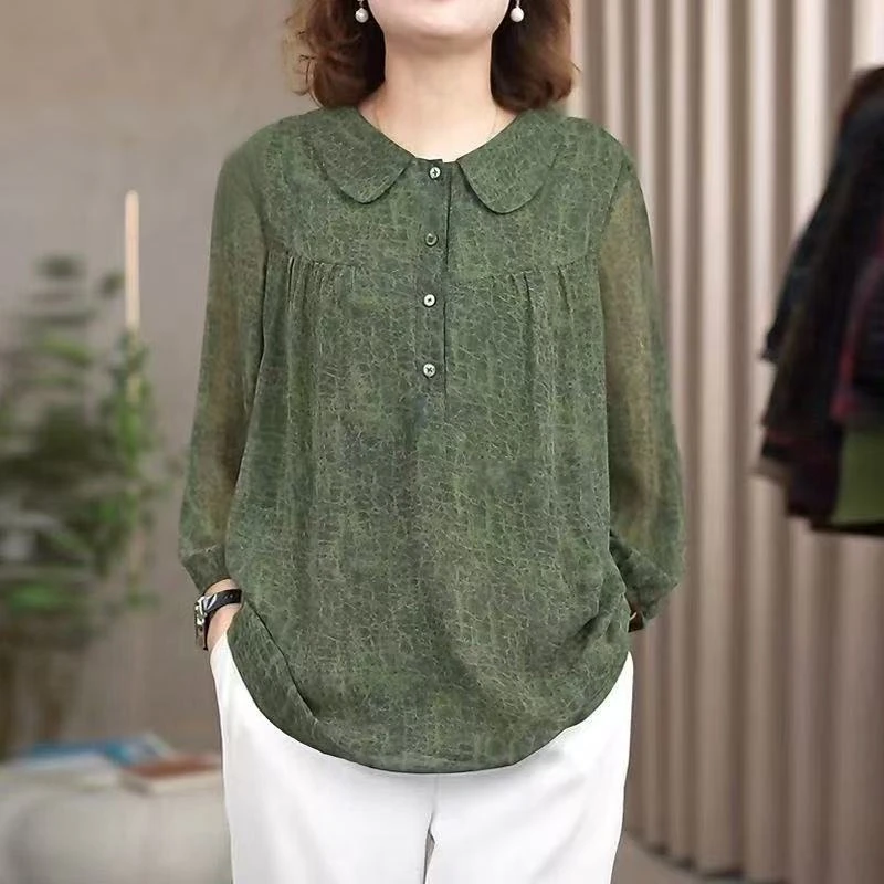 016大码女装小衫妈妈娃娃领印花上衣夏新款宽松遮肚子显瘦七分袖