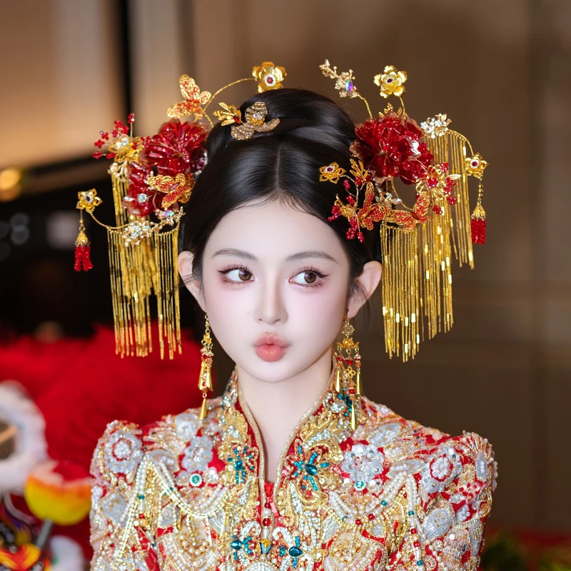 合金婚庆饰品 新娘金色流苏中式婚礼复古花朵发簪高级感发饰D0528