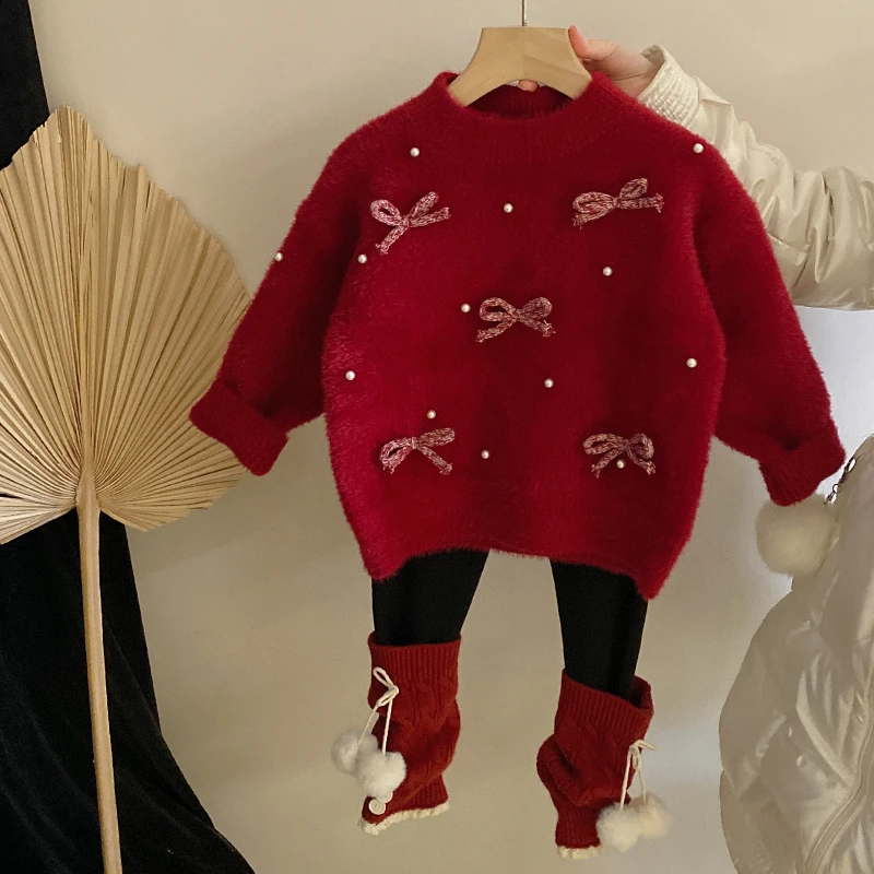 R24582女童软糯立体蝴蝶结针织毛衣2024秋冬新款加绒打底裤套装1