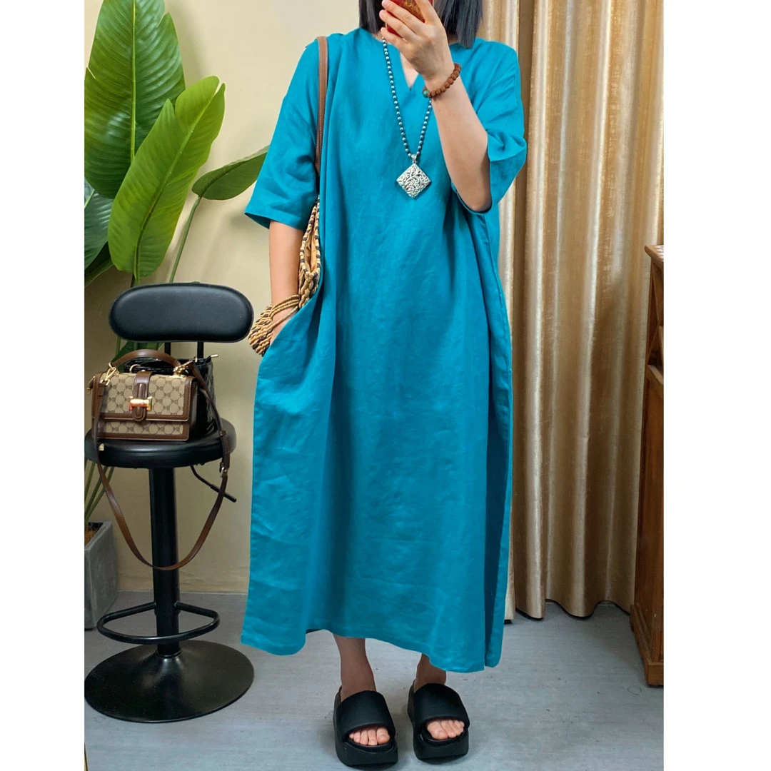 芳姐 夏季新款欧韩时尚V领亚麻连衣裙简约气质文艺复古长裙