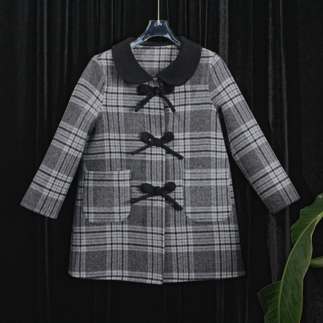 100%羊毛灰色格子女童可穿蝴蝶结扣童装双面绵羊毛大衣-081