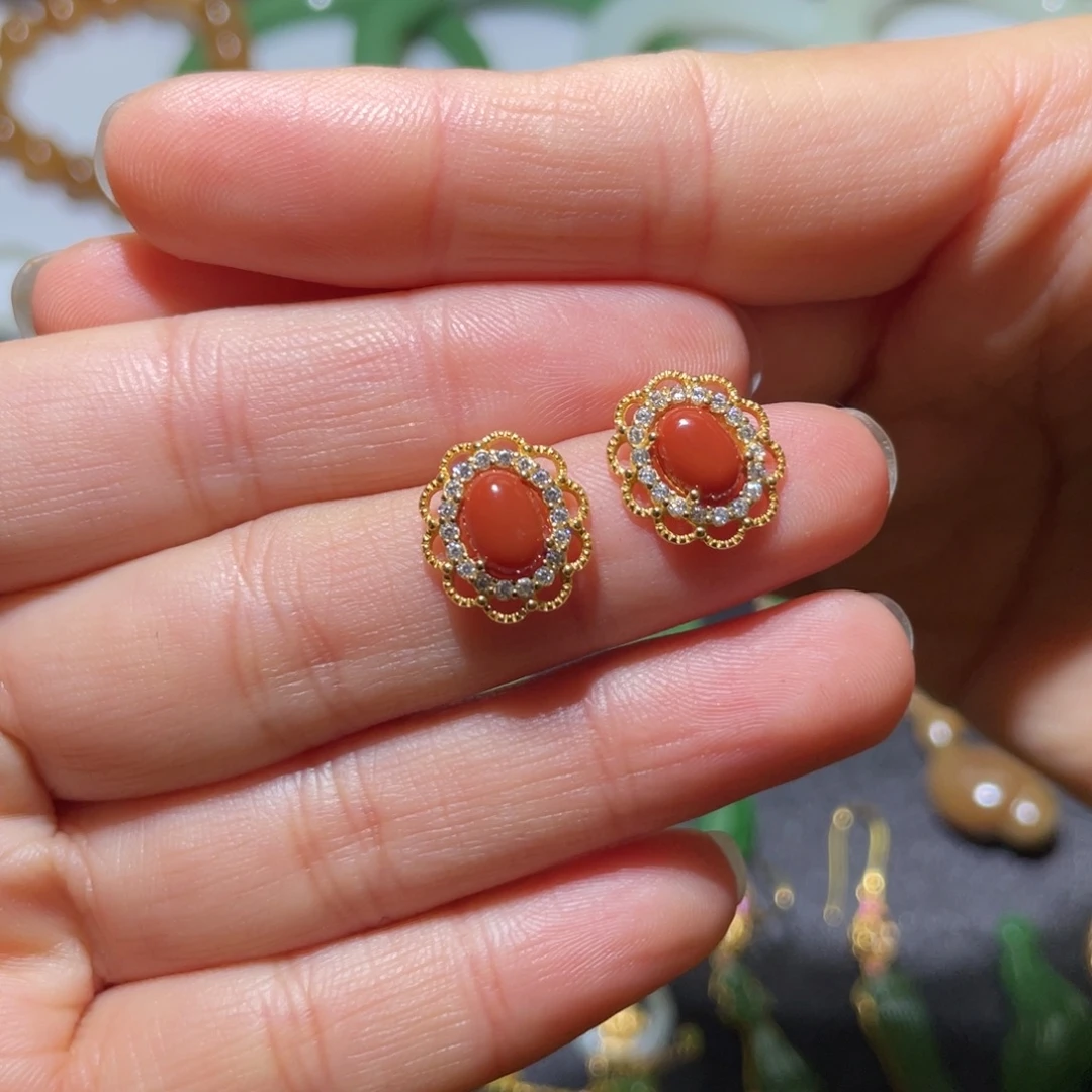 南红玛瑙银S925镶嵌耳饰