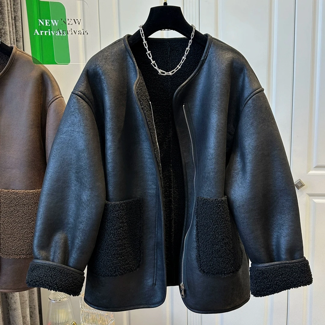 黑色皮毛一体外套女冬季大码胖mm宽松高级机车复古保暖羊羔绒上衣