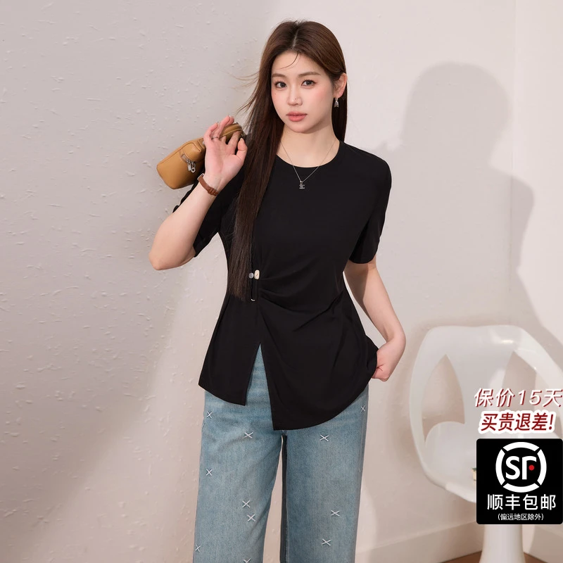 蓝语大码女装气质黑色天丝凉感短袖T恤2025夏新款收腰遮肚子上衣