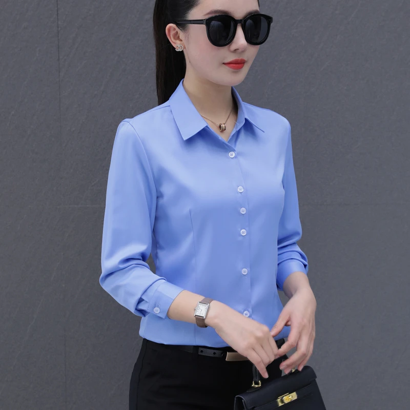 免烫蓝色衬衫女长袖春季新款气质修身工装正装工作服面试职业衬衣