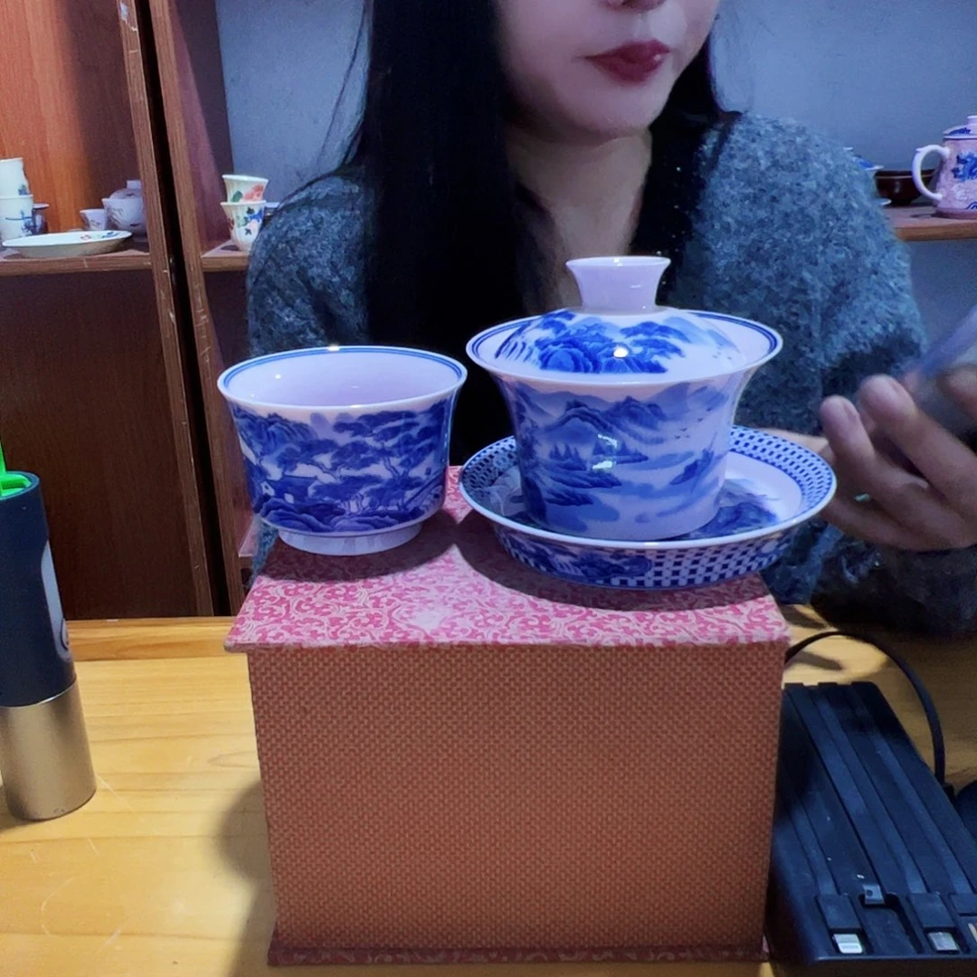 摆件景德镇红xixi马蹄盖碗加杯