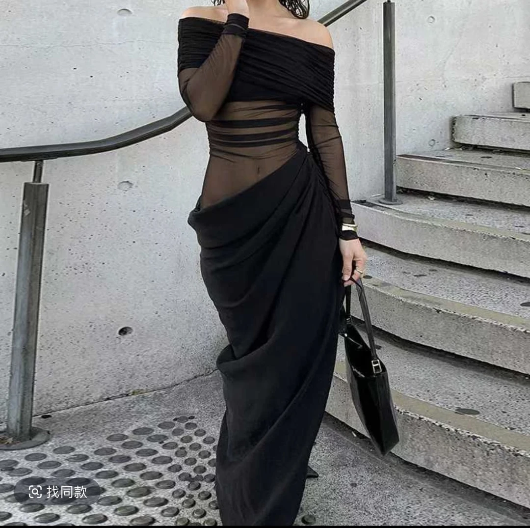 欧美风性感网纱镂空一字肩连衣裙女新款黑色修身气质包臀裙长裙