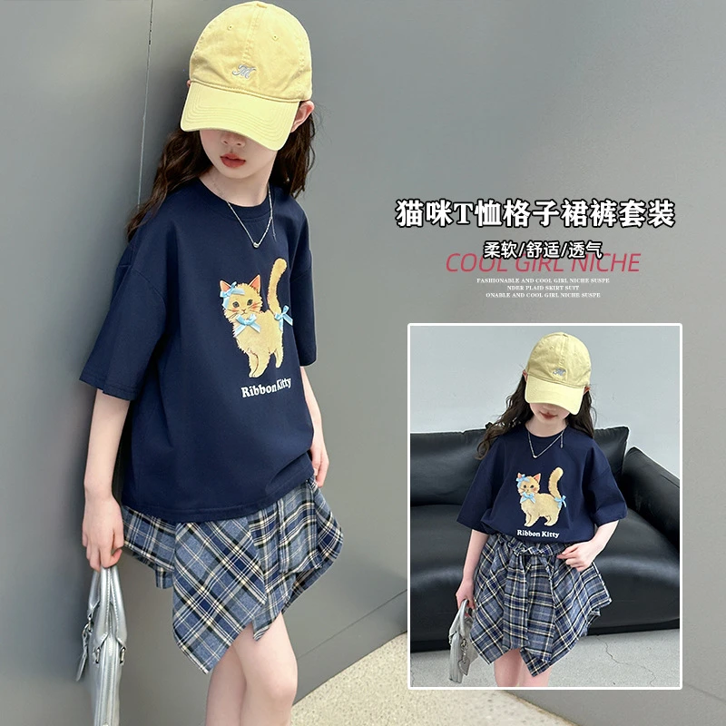 女童套装2025新款儿童韩版卡通短袖上衣女宝宝格子休闲裤两件套潮
