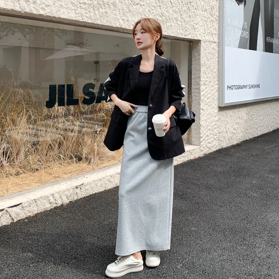 撞色休闲西装套装裙女2025春季新款设计感小众时尚半身裙两件套