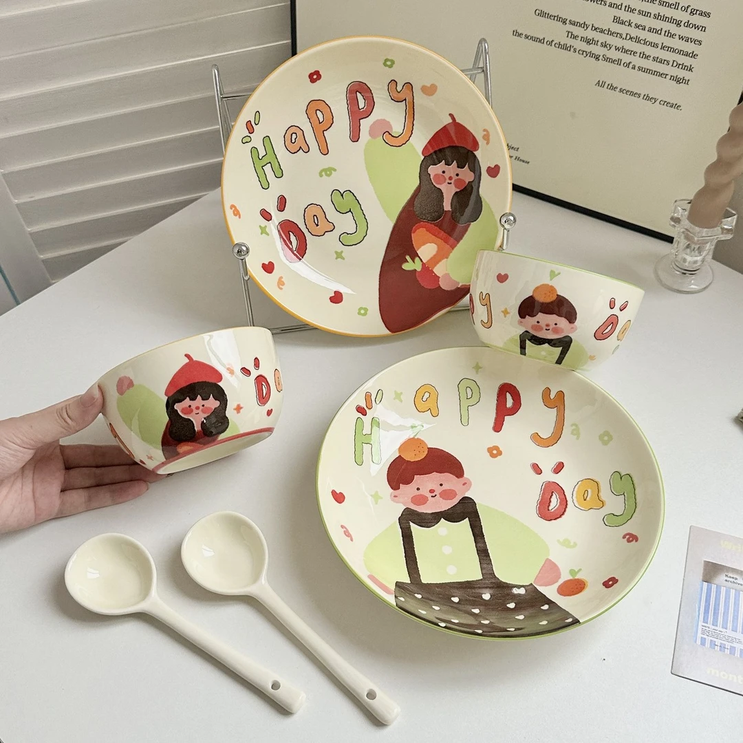 陶瓷一家四口系列可爱碗盘家用餐具2025新款手绘创意米饭碗早餐盘