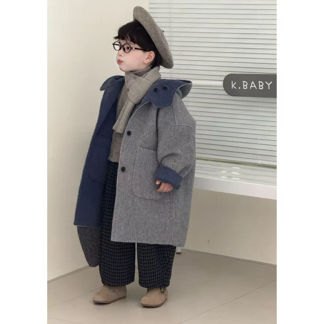 秘密花园2025新款男女童圆领加厚款羊毛大衣韩版宽松中长款M6635