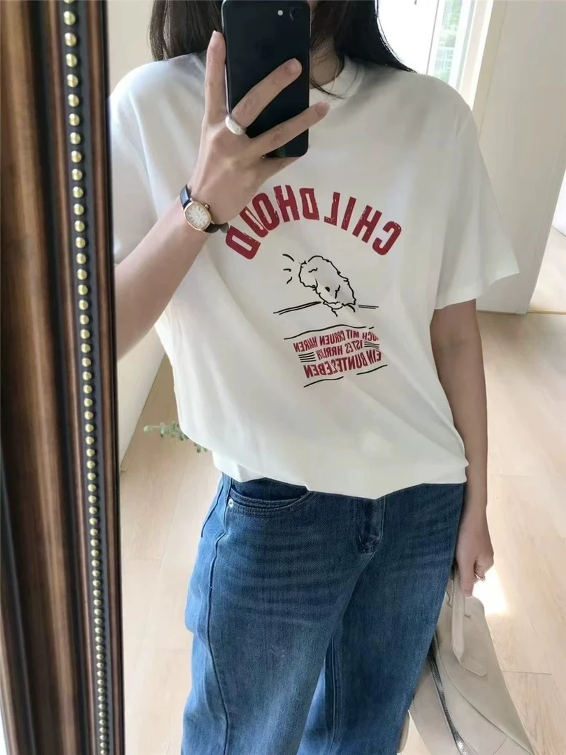 （泰迪汪）2025新款韩版圆领字母印花短袖T恤女百搭休闲上衣7054