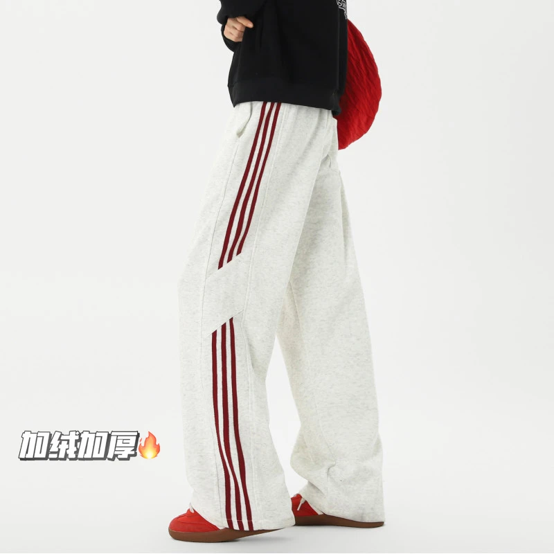 美式运动加绒加厚三条杠宽松直筒重磅百搭男秋冬季阔腿休闲长裤