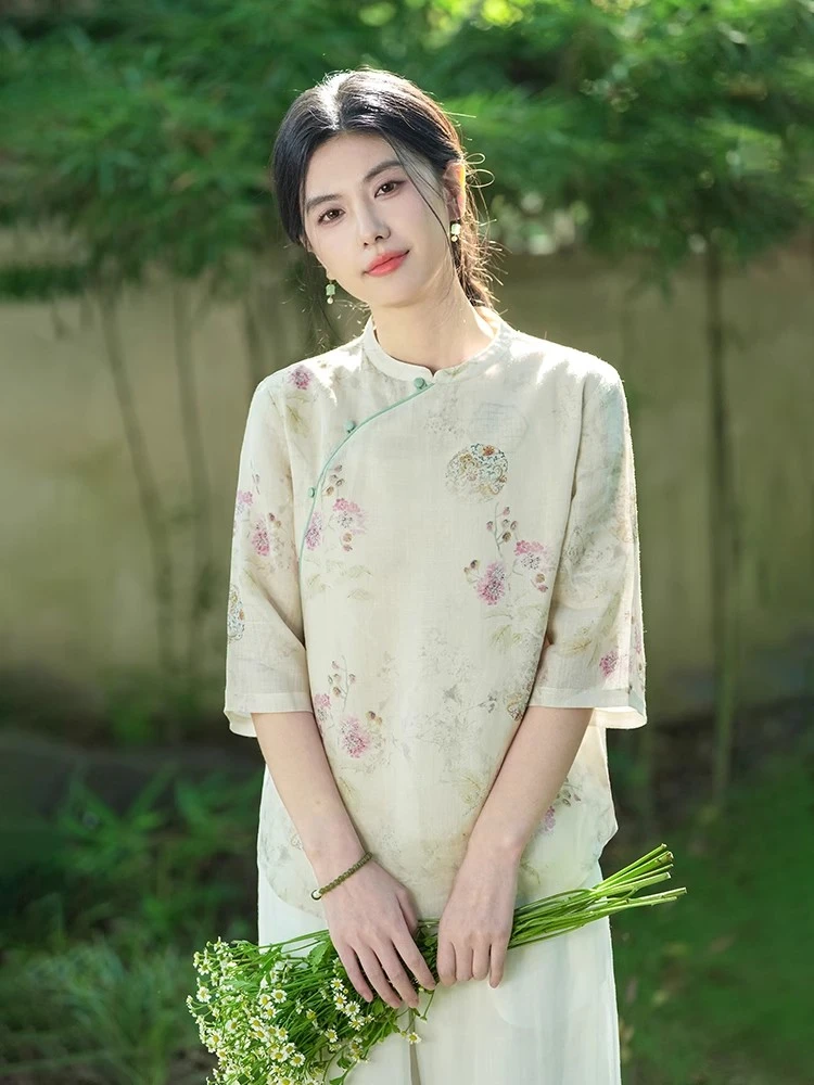 7365#中国风印花斜襟松紧带成人茶服民族风衬衫文艺立领纯色宽松