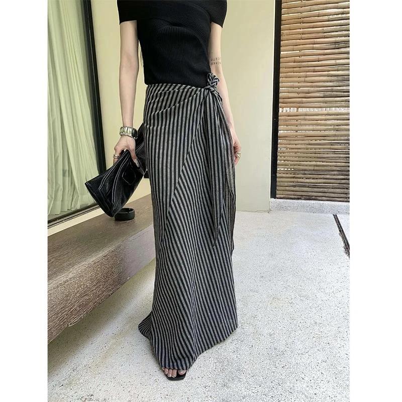 【品质欧货】设计感小众不规则绑带条纹半身裙女春夏长款高腰显瘦