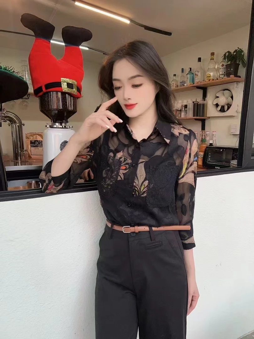 时尚碎花七分袖衬衫气质显瘦宽松设计感衬衣洋气上衣