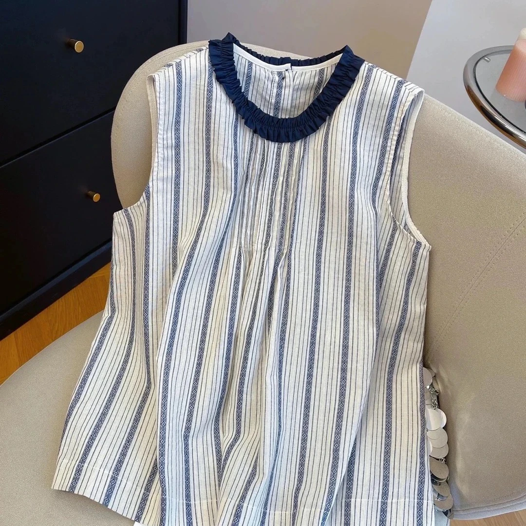 条纹无袖背心衬衫女外穿夏季独特洋气别致高级感小衫上衣