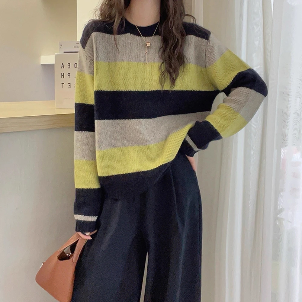撞色条纹复古宽松圆领套头拼接长袖针织衫秋冬新款加厚休闲毛衣女
