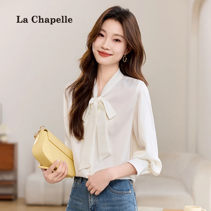 拉夏贝尔2025早春飘带白色雪纺衬衫职业蝴蝶结温柔缎面系带衬衣女